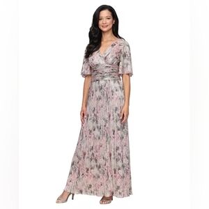 SL Fashions Printed V Neck Bodre Long Dress